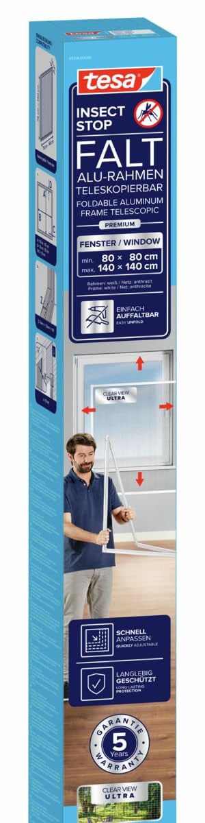 tesa Insect Stop FALT mrežica za prozore – sklopivi aluminijski okvir, bijela, 80-140 cm, teleskopska, montaža bez bušenja