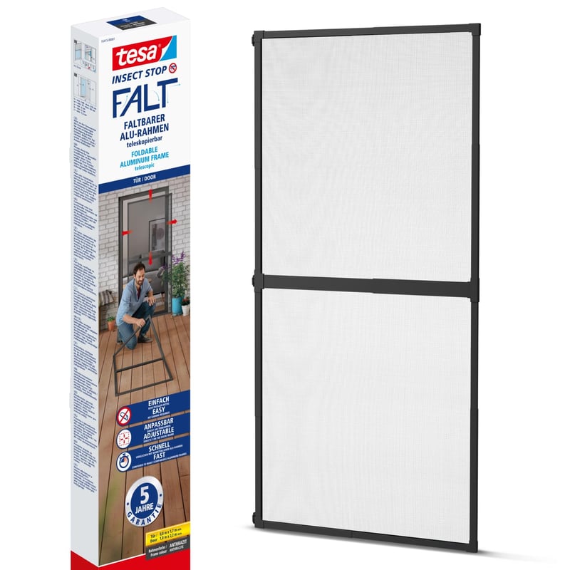Plasă de țânțari tesa Insect Stop cu ramă de aluminiu premium pliabilă pentru ușă - Dimensiune reglabilă - Antracit