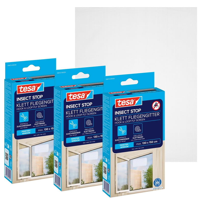 tesa Insect Stop sieťka proti hmyzu na okno so suchým zipsom – 3 ks, 130x150 cm, biela, sieťka proti hmyzu bez vŕtania, 1 ks bol odskúšaný