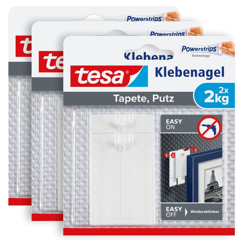 Cui adeziv tesa pentru tapet și tencuială, capacitate portantă 2 kg, 3 x 2 cuie, Powerstrips, îndepărtare fără urme, pentru suprafețe delicate