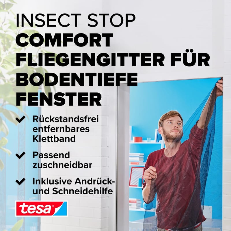 tesa Szúnyogháló Comfort Tépőzáras Rendszer Padlótól Mennyezetig Érő Ablakokhoz, Fekete, 1,2m x 2,4m, Öntapadós, Mosható Üvegszálas Háló