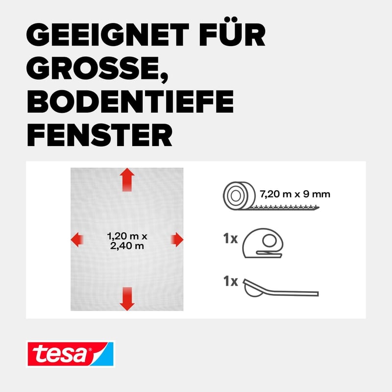 tesa Szúnyogháló Comfort Tépőzáras Rendszer Padlótól Mennyezetig Érő Ablakokhoz, Fekete, 1,2m x 2,4m, Öntapadós, Mosható Üvegszálas Háló