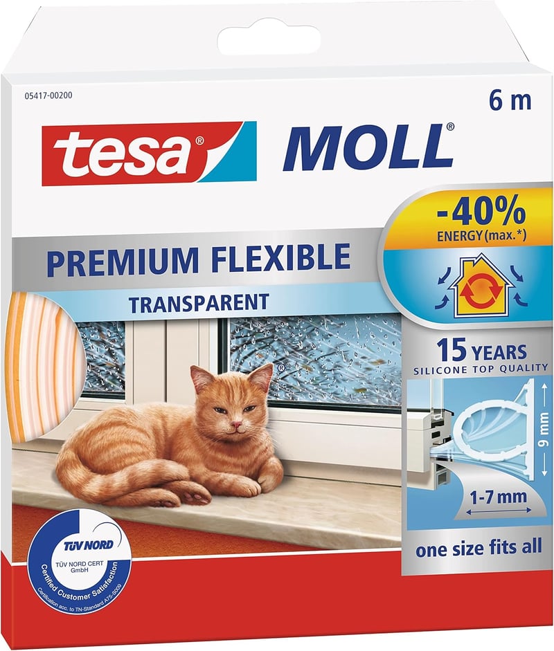 tesamoll Prémium Flexibilis Tömítőszalag - Ajtó és Ablak Résekhez, 1-7 mm, Öntapadós, Vízálló, Huzat, Por és Zaj Ellen, Átlátszó, 6m