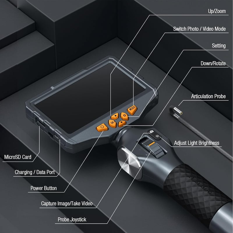 TESLONG 3.9mm Endoszkóp Kamera LED Világítással, Mozgatható Fej, 5 Colos LCD, 1.55m
