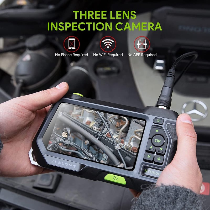 Teslong Endoszkóp Kamera 3 Lencsével, 5" IPS Kijelzővel, 5m Vízálló Vizsgálókamera, Kézi Fókusz, 32GB Kártya, 3500mAh Akkumulátor