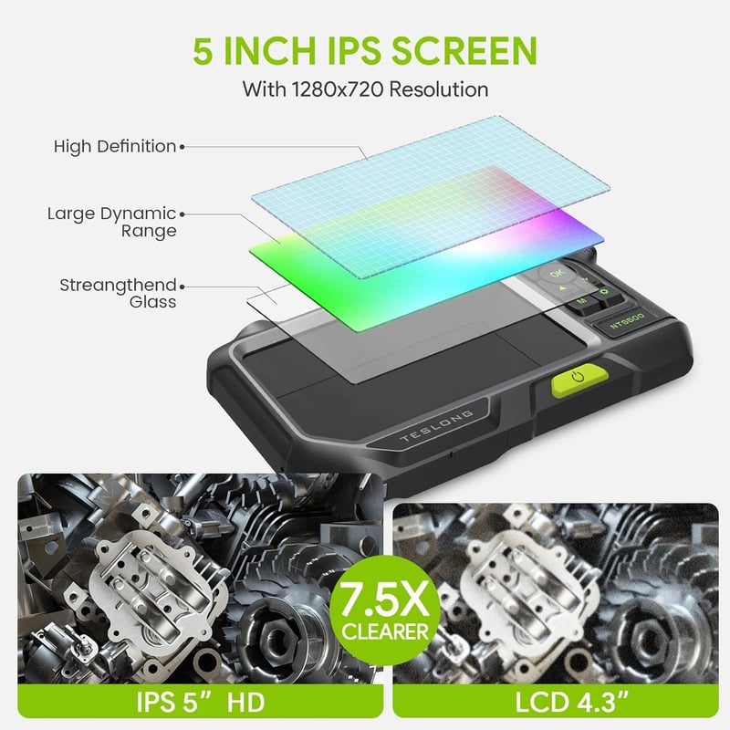 Teslong Endoszkóp Kamera 3 Lencsével, 5" IPS Kijelzővel, 5m Vízálló Vizsgálókamera, Kézi Fókusz, 32GB Kártya, 3500mAh Akkumulátor