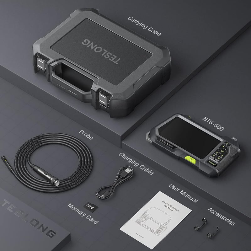 Teslong Endoszkóp Kamera 3 Lencsével, 5" IPS Kijelzővel, 5m Vízálló Vizsgálókamera, Kézi Fókusz, 32GB Kártya, 3500mAh Akkumulátor