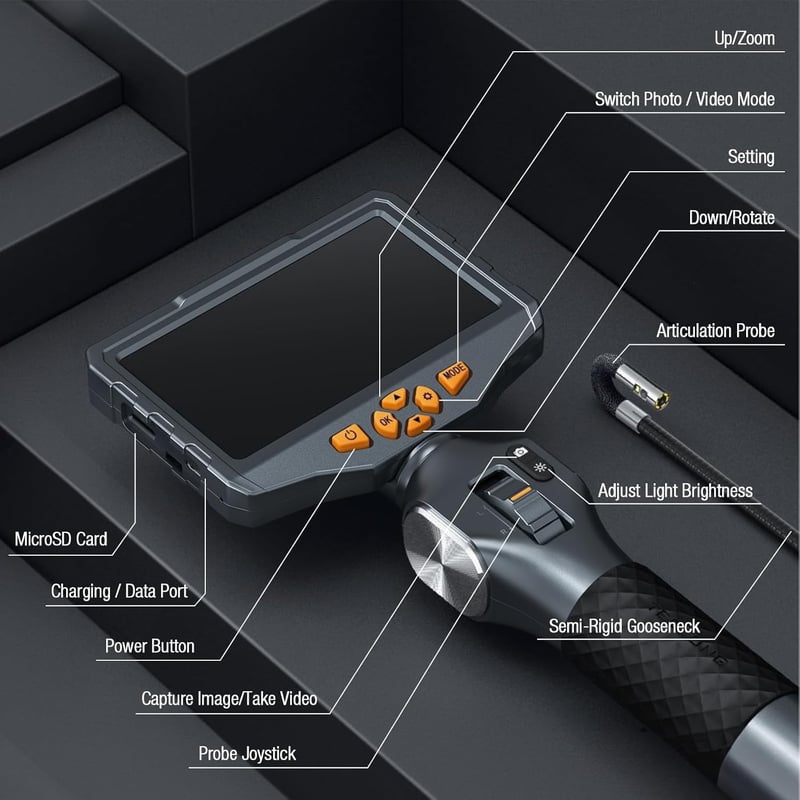 TESLONG Endoszkóp Kamera Dupla Lencse 6,5mm Forgó Fej 5 Colos LCD Kijelző LED Világítás 1,55m
