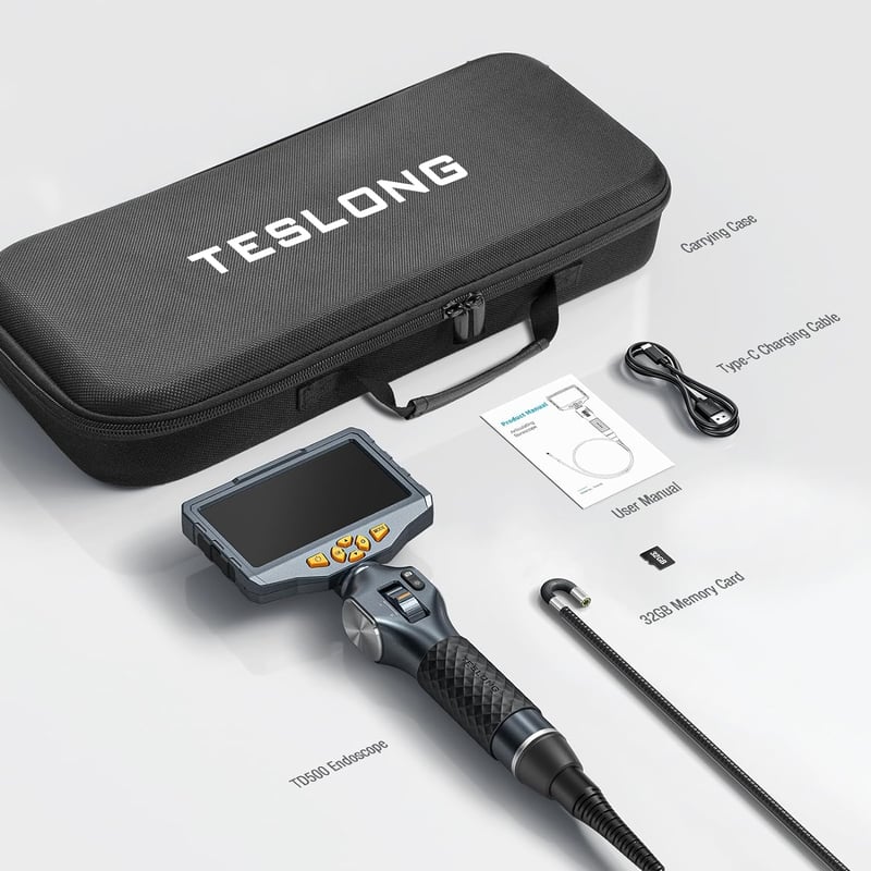 Teslong TD500 Endoscope Kamera 6,5 mm Forgatható Fejjel, 5,0" LCD Kijelzővel, LED Világítással, WiFi Csatlakozással, 1,55 m Kábellel, Hőmérs
