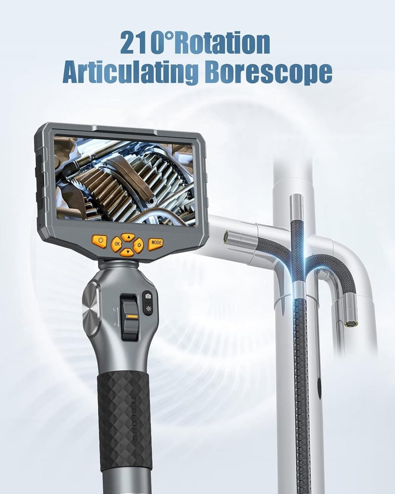 Teslong TD500 Endoscope Kamera 6,5 mm Forgatható Fejjel, 5,0" LCD Kijelzővel, LED Világítással, WiFi Csatlakozással, 1,55 m Kábellel, Hőmérs