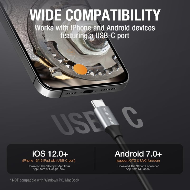 Teslong USB-C Endoszkóp Kamera Mozgatható Fejjel - 1,55m Flexibilis Nyakkal, 8,5mm Kamerafejjel, 8 LED Világítással - Autószereléshez, Andro