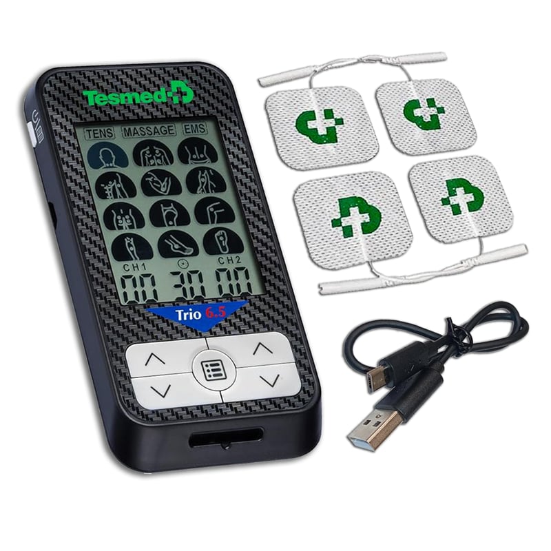 Elektrický svalový stimulátor TESMED Trio 6.5 TENS EMS, nabíjanie cez USB, 36 programov, 40 úrovní intenzity, 4 elektródy, čierno-sivý, na tlmenie bolesti