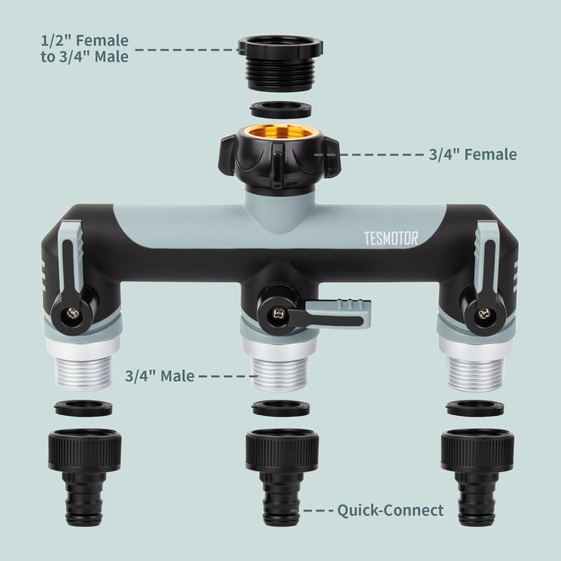 Tesmotor 3 utas vízcsap elosztó 3/4 col golyóscsappal vízáramlás szabályozáshoz - 3-way T-distributor/Grey
