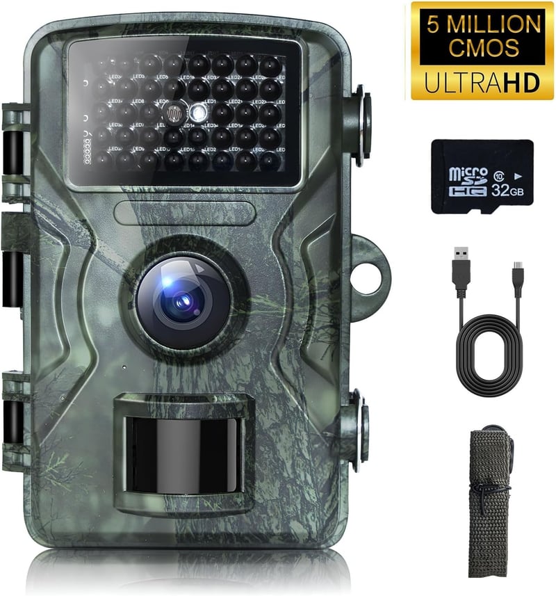 TESPHAN Vadkamera 48MP 4K Felbontással - Mozgásérzékelős Éjjellátó Kültéri Kamera 32GB Memóriakártyával, 20m Hatótávolság, IP66 Vízálló, Blu