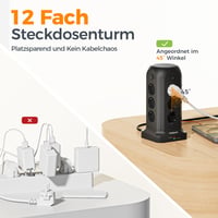 TESSAN 12-zásuvková predlžovačka s USB-C portom, 4 vypínačmi, prepäťovou ochranou, 2 m káblom, čierna 6