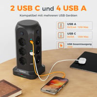 TESSAN 12-zásuvková predlžovačka s USB-C portom, 4 vypínačmi, prepäťovou ochranou, 2 m káblom, čierna 3