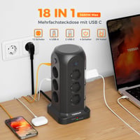 TESSAN 12-zásuvková predlžovačka s USB-C portom, 4 vypínačmi, prepäťovou ochranou, 2 m káblom, čierna 2