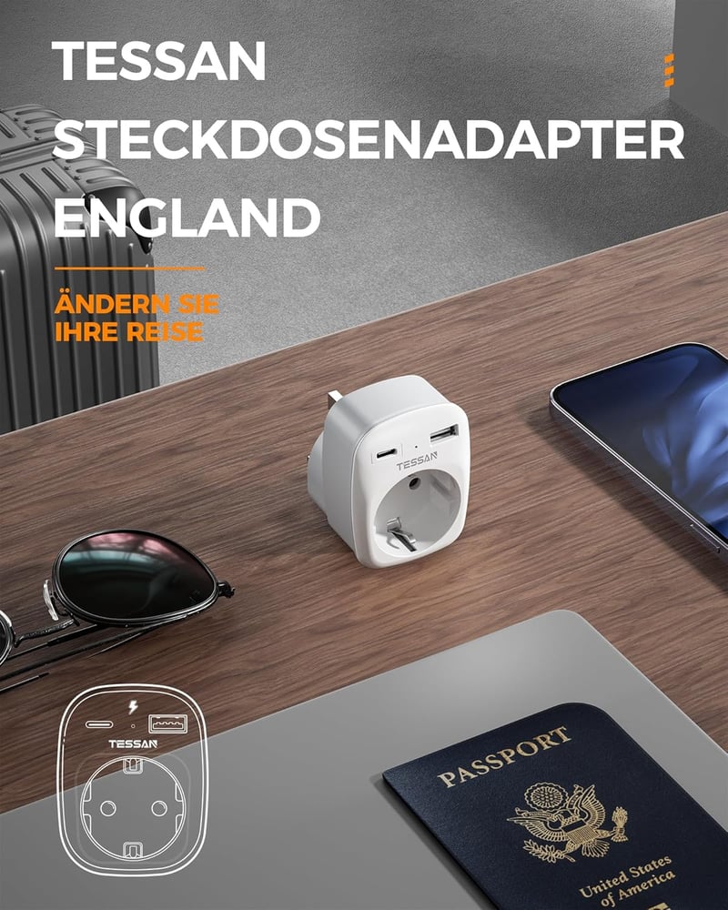 TESSAN 2 db Utazási Adapter UK Anglia Németország Csatlakozó 2 USB Aljzat