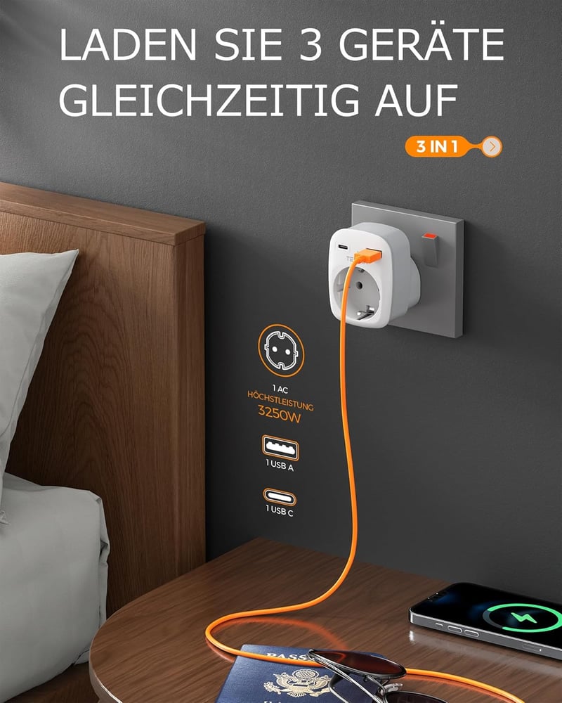 TESSAN 2 db Utazási Adapter UK Anglia Németország Csatlakozó 2 USB Aljzat