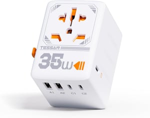 Adaptor de călătorie TESSAN 35W, încărcător rapid 3 USB-C + 2 USB-A, universal