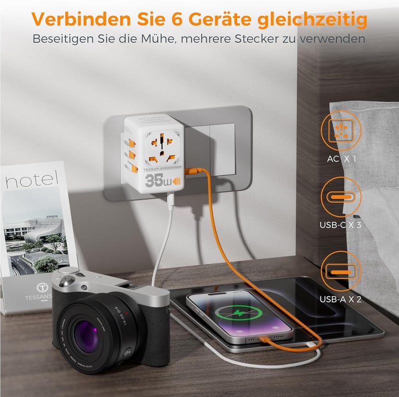 TESSAN 35W Utazási Adapter Világszerte, 3 USB-C 2 USB-A Gyorstöltő