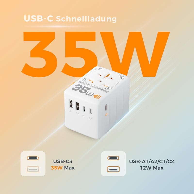 TESSAN 35W Utazási Adapter Világszerte, 3 USB-C 2 USB-A Gyorstöltő
