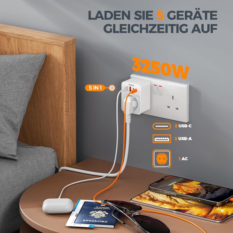 TESSAN 5 az 1-ben utazó adapter összecsukható angol-német típusú aljzat 2 USB-C és 2 USB-A porttal