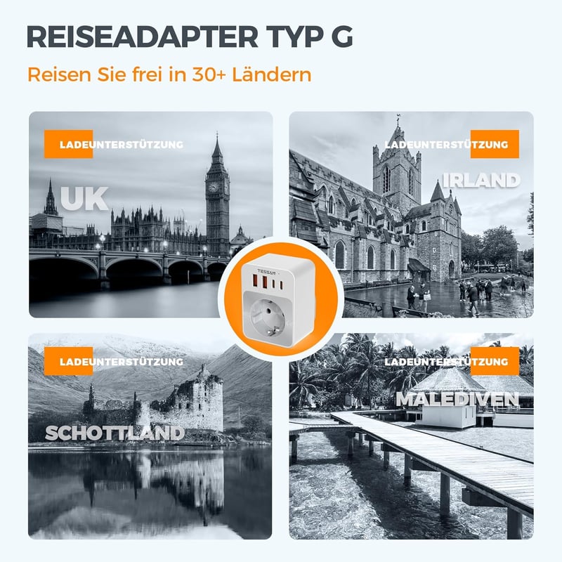 TESSAN 5 az 1-ben utazó adapter összecsukható angol-német típusú aljzat 2 USB-C és 2 USB-A porttal