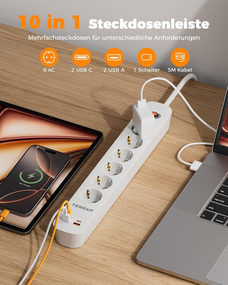 TESSAN 6-ágú elosztó 2 USB-C és 2 USB-A porttal, 5m hosszú kábellel és kapcsolóval