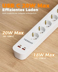 TESSAN 6-ágú elosztó 2 USB-C és 2 USB-A porttal, 5m hosszú kábellel és kapcsolóval 3