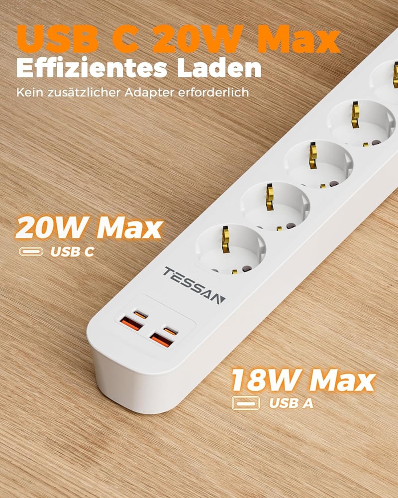 TESSAN 6-ágú elosztó 2 USB-C és 2 USB-A porttal, 5m hosszú kábellel és kapcsolóval