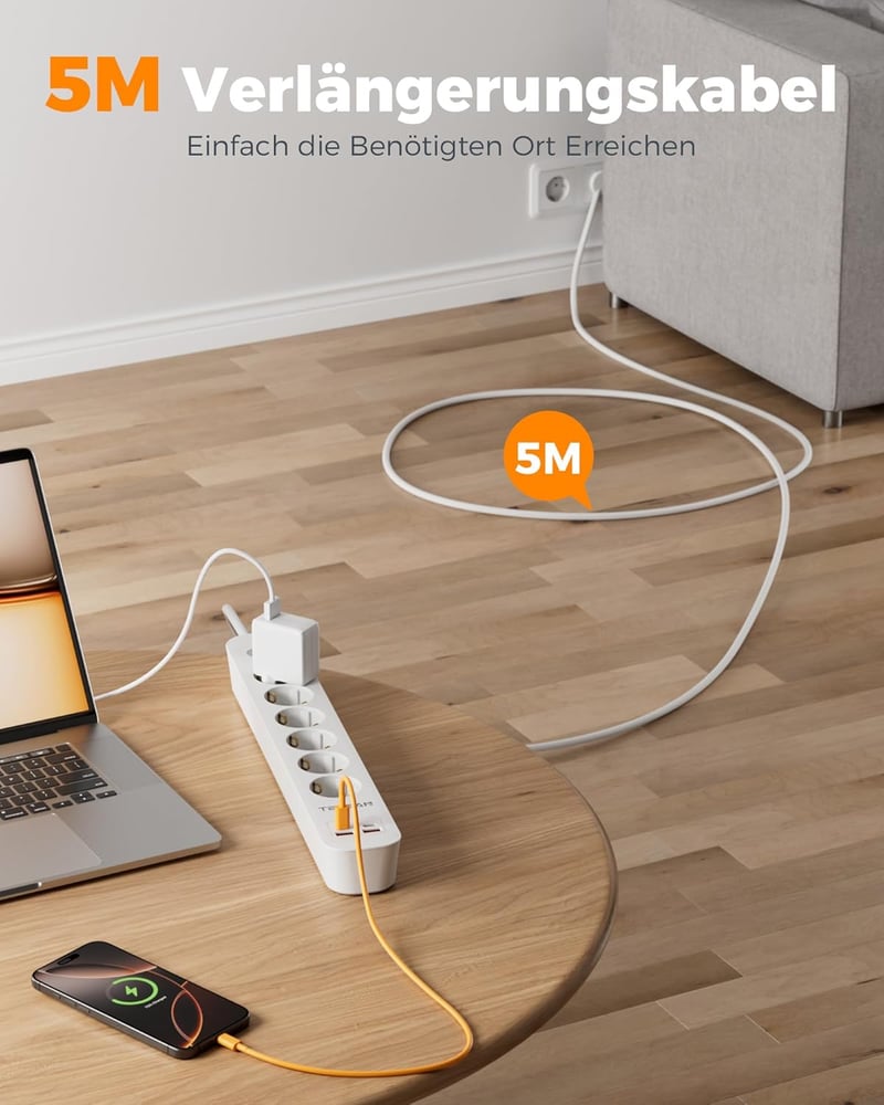 TESSAN 6-ágú elosztó 2 USB-C és 2 USB-A porttal, 5m hosszú kábellel és kapcsolóval