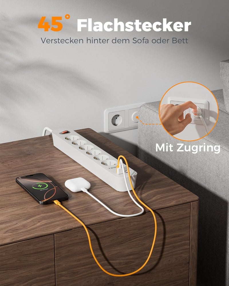 TESSAN 6-ágú elosztó 2 USB-C és 2 USB-A porttal, 5m hosszú kábellel és kapcsolóval