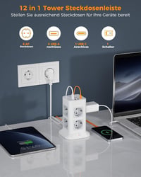 TESSAN 8 aljzatos elosztó USB-C és 4 USB porttal, túlfeszültségvédelem, 2m kábel, 3600W 2