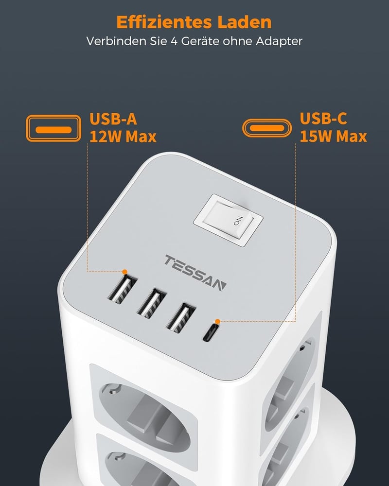 TESSAN 8 aljzatos elosztó USB-C és 4 USB porttal, túlfeszültségvédelem, 2m kábel, 3600W