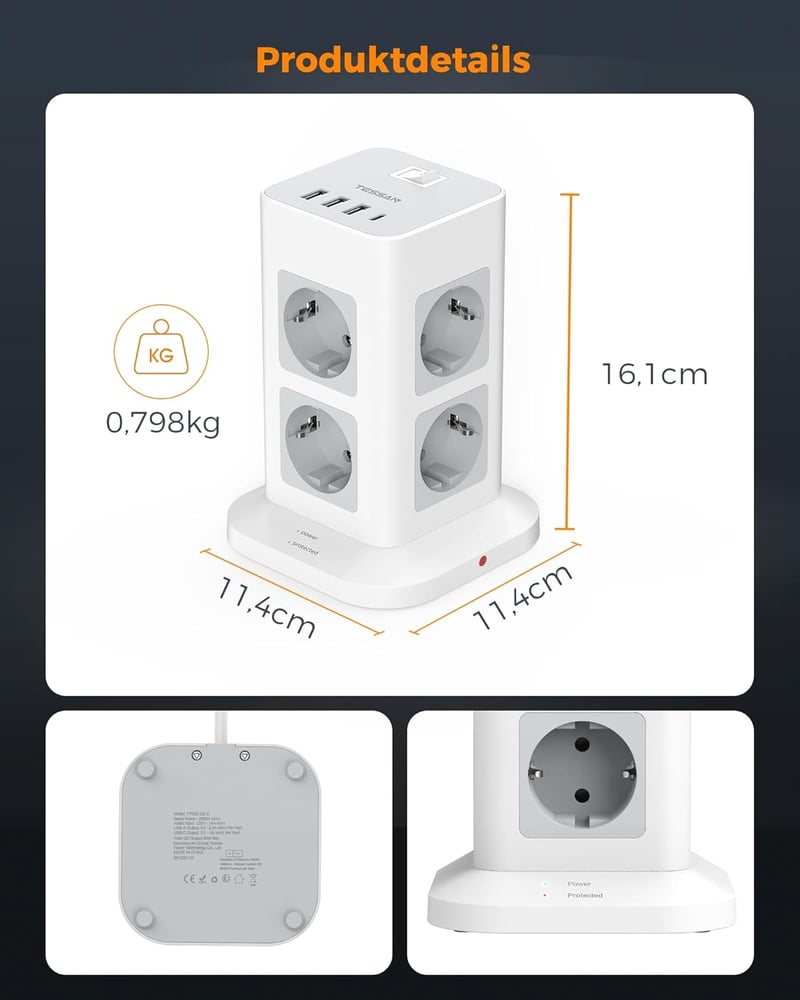 TESSAN 8 aljzatos elosztó USB-C és 4 USB porttal, túlfeszültségvédelem, 2m kábel, 3600W