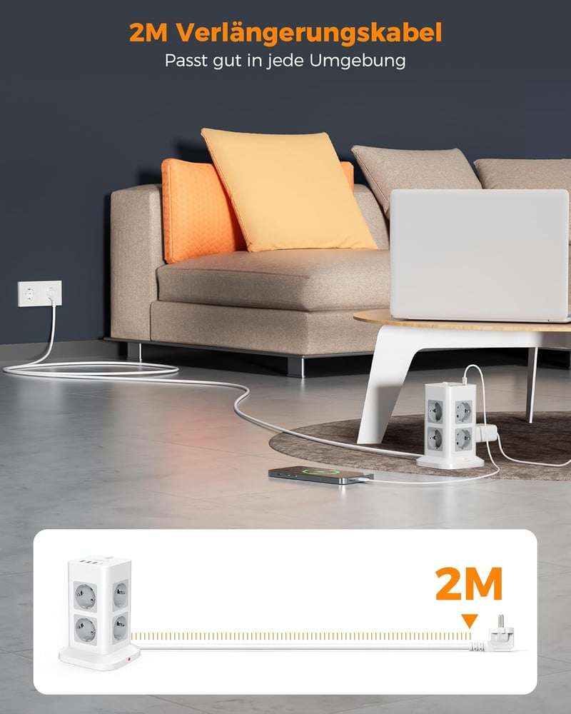 TESSAN 8 aljzatos elosztó USB-C és 4 USB porttal, túlfeszültségvédelem, 2m kábel, 3600W