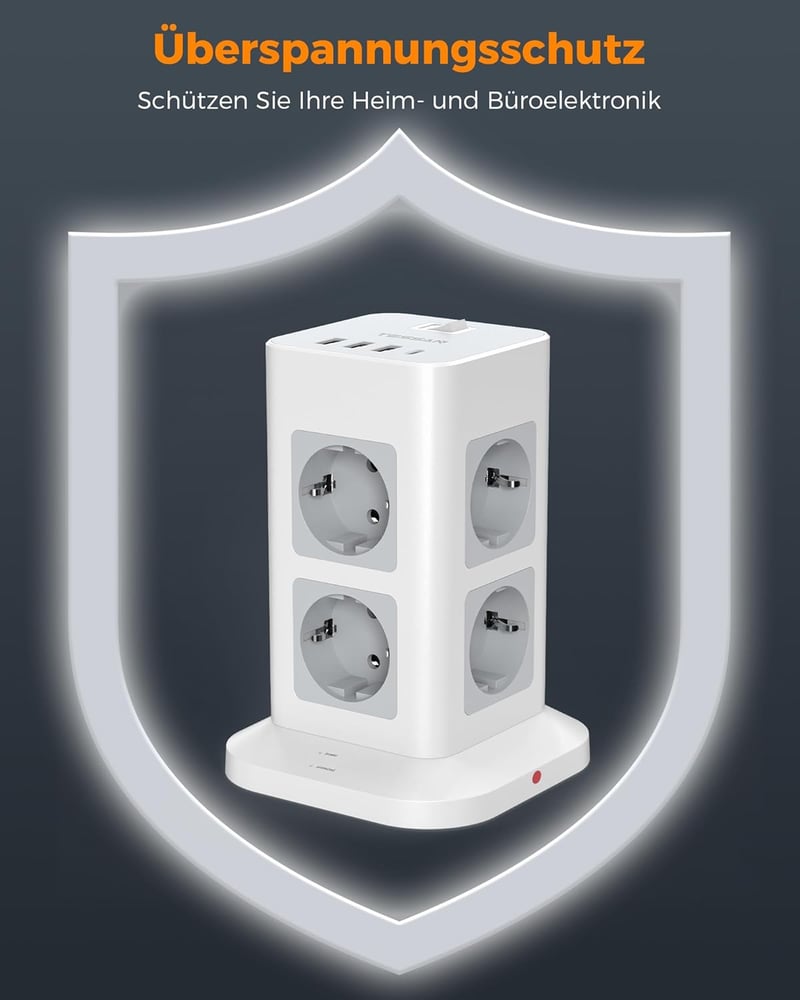TESSAN 8 aljzatos elosztó USB-C és 4 USB porttal, túlfeszültségvédelem, 2m kábel, 3600W