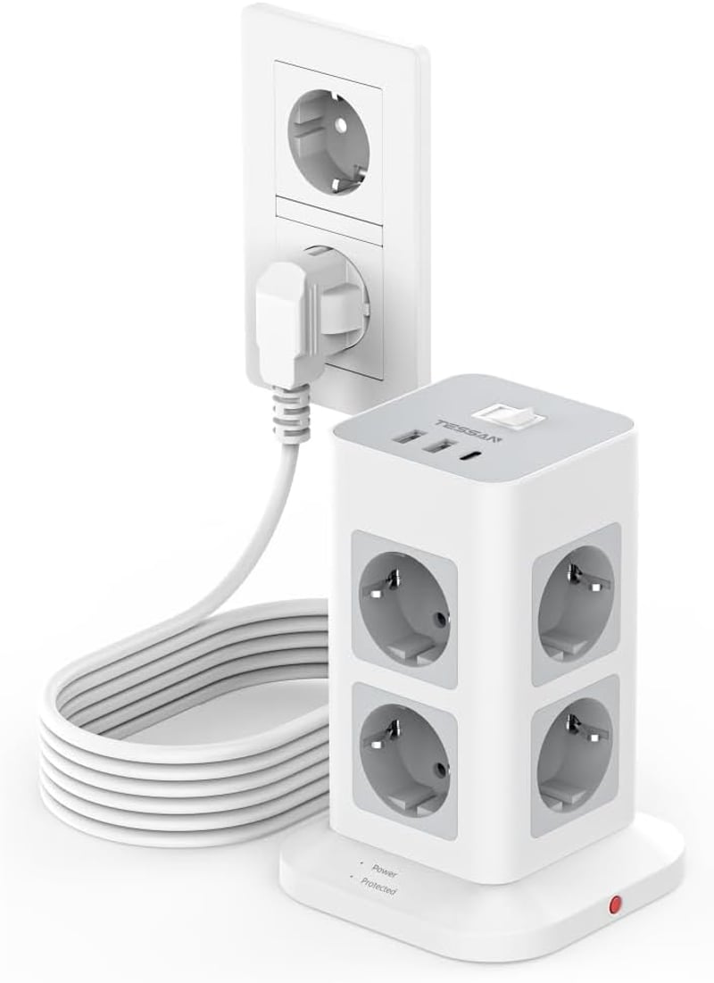 TESSAN 8-utas elosztó túlfeszültség-védelemmel, USB-C, 3 m kábel, 3600 W - szürke