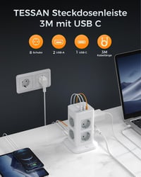 TESSAN 8-utas elosztó túlfeszültség-védelemmel, USB-C, 3 m kábel, 3600 W - szürke 2