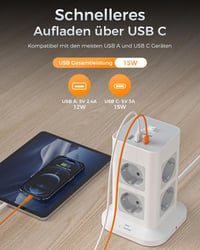 TESSAN 8-utas elosztó túlfeszültség-védelemmel, USB-C, 3 m kábel, 3600 W - szürke 4