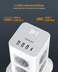 TESSAN razdjelnik s 8 utičnica, 3 USB-A i USB-C priključka, zaštitom od prenapona, prekidačem, toranj razdjelnik s kabelom od 10 metara, 3600W 3