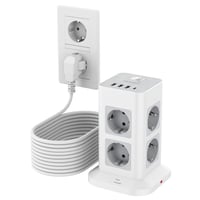 TESSAN razdjelnik s 8 utičnica, 3 USB-A i USB-C priključka, zaštitom od prenapona, prekidačem, toranj razdjelnik s kabelom od 10 metara, 3600W 1
