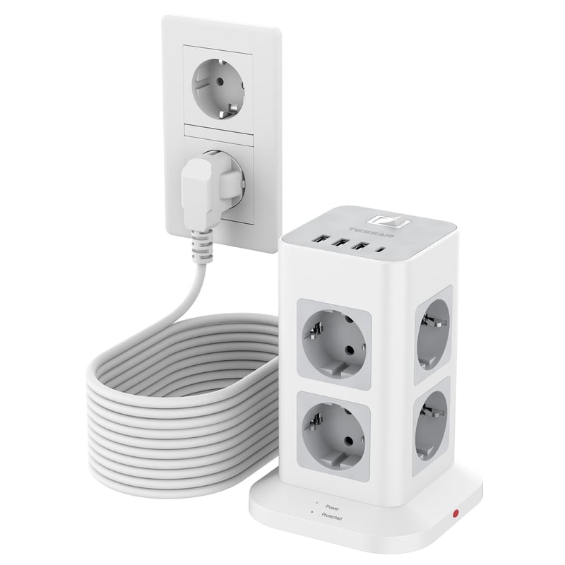 TESSAN razdjelnik s 8 utičnica, 3 USB-A i USB-C priključka, zaštitom od prenapona, prekidačem, toranj razdjelnik s kabelom od 10 metara, 3600W