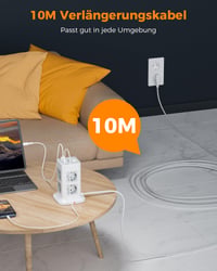 TESSAN razdjelnik s 8 utičnica, 3 USB-A i USB-C priključka, zaštitom od prenapona, prekidačem, toranj razdjelnik s kabelom od 10 metara, 3600W 4