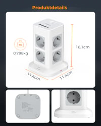 TESSAN razdjelnik s 8 utičnica, 3 USB-A i USB-C priključka, zaštitom od prenapona, prekidačem, toranj razdjelnik s kabelom od 10 metara, 3600W 7