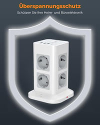 TESSAN razdjelnik s 8 utičnica, 3 USB-A i USB-C priključka, zaštitom od prenapona, prekidačem, toranj razdjelnik s kabelom od 10 metara, 3600W 5