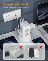 TESSAN Elosztótorony 8 Aljzattal és 3 USB Porttal - Behúzható 2m Kábellel, Helytakarékos Elosztó Kapcsolóval Otthoni és Irodai Használatra 4