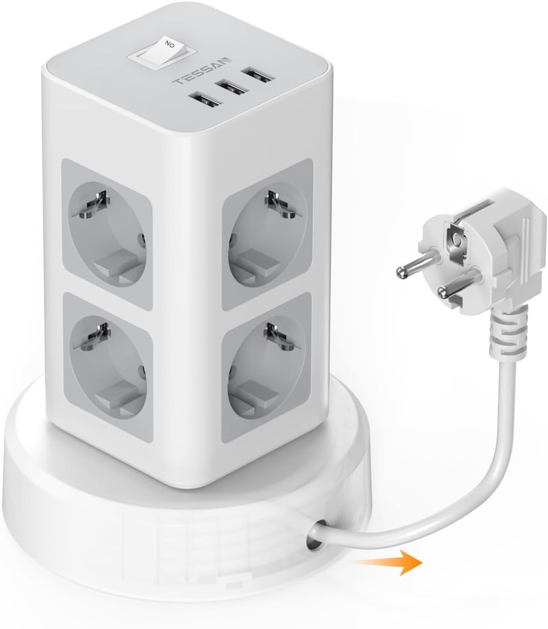 TESSAN Elosztótorony 8 Aljzattal és 3 USB Porttal - Behúzható 2m Kábellel, Helytakarékos Elosztó Kapcsolóval Otthoni és Irodai Használatra