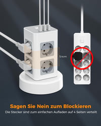 TESSAN Elosztótorony 8 Aljzattal és 3 USB Porttal - Behúzható 2m Kábellel, Helytakarékos Elosztó Kapcsolóval Otthoni és Irodai Használatra 6